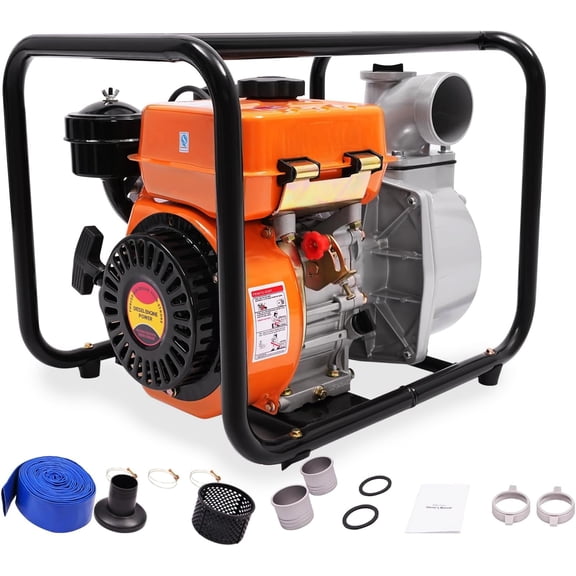 Trash Water Pump 3 inch, 3.1HP 168F, 4-Cycle Engine Diesel Powered Trash Pump Diesel Engine Water Pump 23ft Suction Water Transfer Pump with 24.61ft Hose