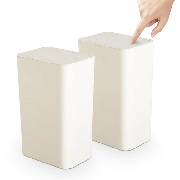 TrashAid 2 Pack Bathroom Trash Can with Lid, 2.6 Gallon / 10 Liter Small Garbage Can with Press Top Lid, Plastic Wastebasket with Pop-up Lid for Toilet, Office, Bedroom, Living Room, White