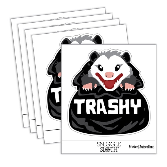 Trashy Opossum in Trash Garbage Bag Car Window Bumper Water Bottle Phone Tablet Laptop Waterproof Vinyl Decal Sticker Set 5-Pack - Gloss Finish - 4.0"