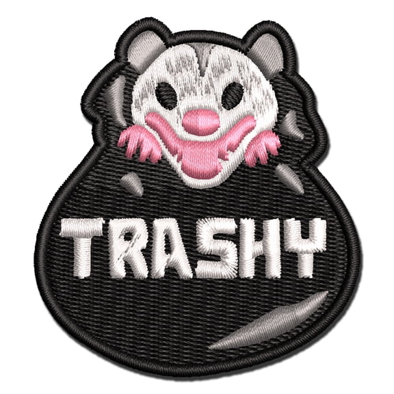Trashy Opossum in Trash Garbage Bag Applique Multi-Color Embroidered Iron-On Patch - 2.0 Inch Mini