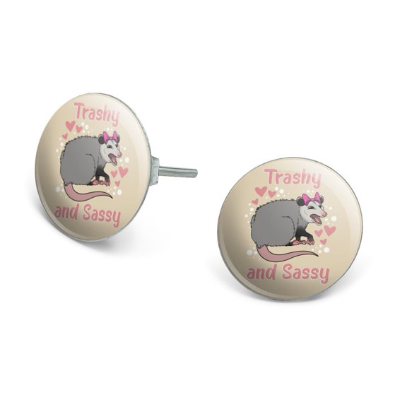Trashy and Sassy Opossum Funny Novelty Silver Plated Stud Earrings
