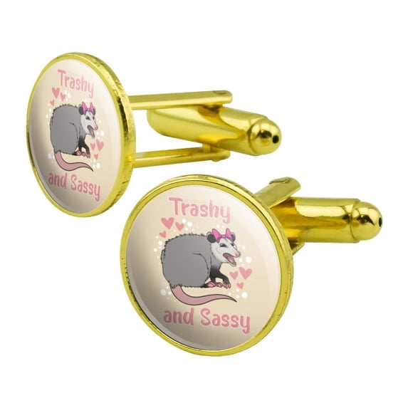 Trashy and Sassy Opossum Funny Round Cufflink Set Gold Color