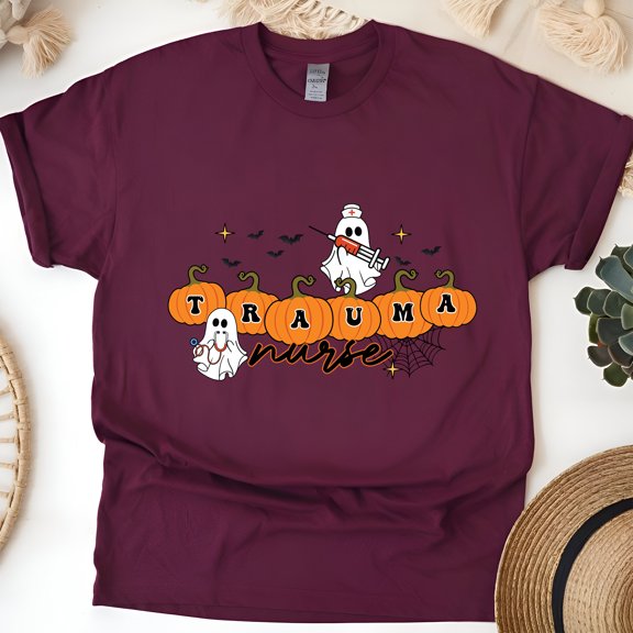 Trauma Nurse Graphic T-Shirt for Women Men | Funny Ghost Medical Tee, Maroon, Size L