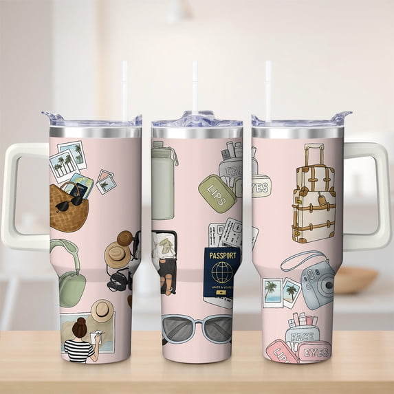 Travel Accessories Illustrated Stainless Steel Insulated Mug with Lid and Handle, 30oz