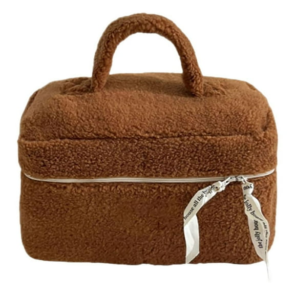 Travel Accessories Large Cosmetic Bag Cute Makeup Bag Y2K Aesthetic Make up Bag Fleece Cosmetic Bag for Purse Necessaire Weiweigg Coffee