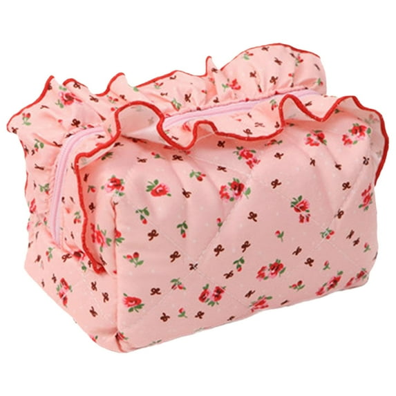 Travel Accessories Toiletries Toiletry Bag Ruffled Cosmetic Storage Bag Portable Cosmetic Organizer Quilted Makeup Storage Bag for Girls Women Necessaire Weiweigg Pink