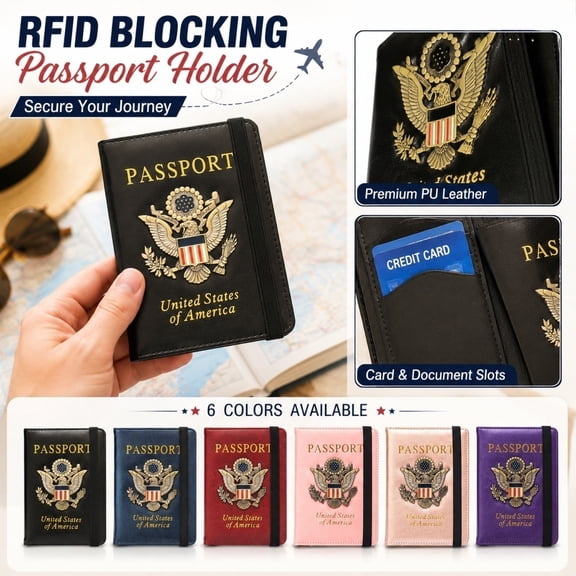 Travel Accessory, Rfid Blocking Usa Patriotic Leather Passport Sleeve, Purple Patent Leather Travel Document Organizer with Gold Printed Text, 6X4X0.5 Inch Travel Document Holder