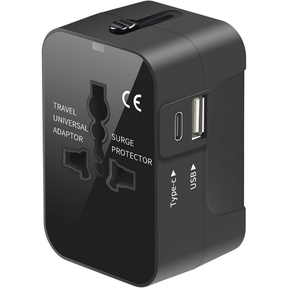 Travel Adapter, Worldwide All in One Universal Travel Adaptor AC Power Plug Adapter Wall Charger with USB-C and USB-A Charging Ports for USA EU UK AUS Black