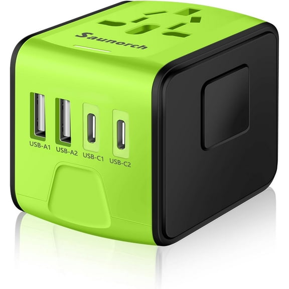 Travel Adapter Worldwide, Universal International Power Plug Adapter W/2.4A 2xUSB-A and 3.0A 2xType-C Wall Charger, European Travel Plug Adapter for Europe UK EU US CA AU Italy Asia-Green