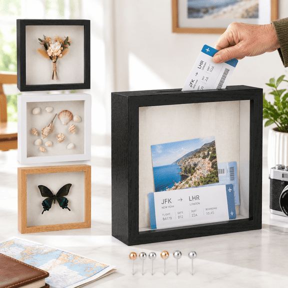 Travel Adventure Archive Shadow Box Frame With Slot 8x8in Black