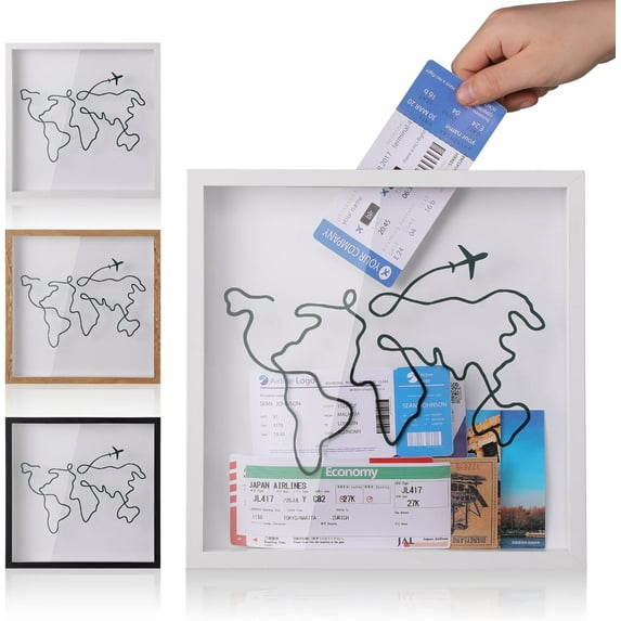 Travel Adventure Archive Shadow Box For Memories,8&12In Concert Travel Ticket Stub Memory Top Loading Shadow Keepsake Box With Slot On Top,life In a Shadow Box Travel Gift Frame (Black, 12x12)