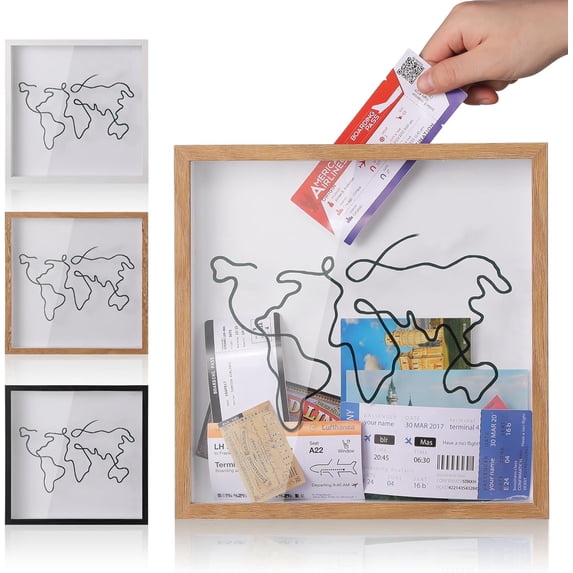Travel Adventure Archive Shadow Box for Memories,8x8 Inch Concert Travel Ticket Stub Memory Top Loading Shadow Keepsake Box with Slot On Top,Life in a Shadow Box Travel Gift Frame(Wood, 8x8)