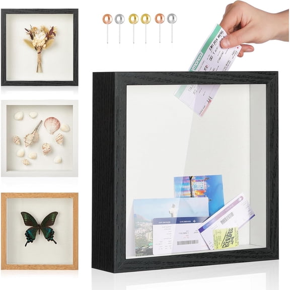 Travel Adventure Challenge Archive Shadow Box Picture Frame with Slot,12x12 Ticket Card Memory for Keepsake Box, Top Loading Display Case Decor Gift (Black,12x12)