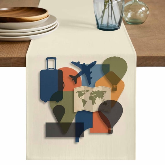 Travel Adventure Cotton Linen Table Runner for Dining Kitchen, Modern Maps Luggage Hot Balloons Wedding Outdoor Party Tablerunners Decoration, Dresser Scarf Coffee Tablecloth Runners 13x120 Inches