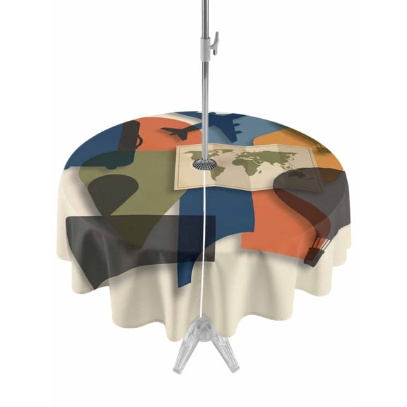 Travel Adventure Outdoor Tablecloth - 60 Inch Round Dining Table Cover, Modern Maps Luggage Hot Balloons Waterproof Outdoor Table Cloth with Umbrella Hole & Zipper for Picnic/Patio/Party