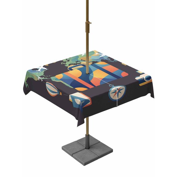 Travel Adventure Outdoor Tablecloth - 60x60 Inch Square Dining Table Cover, Abstract Art Maps Suitcase Hot Balloons Waterproof Outdoor Table Cloth with Umbrella Hole & Zipper for Picnic/Patio/Party