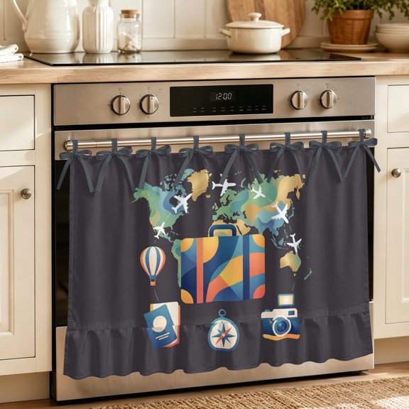 Travel Adventure Oven Curtain with Tie Top,Oven Skirt Curtain for Kitchen,Abstract Art Maps Suitcase Hot Balloons Under OvenCover Panel for Dust & Grease,Apartment RV Cabinet Curtains 27''x20''