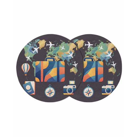 Travel Adventure Round 13 Inch Placemats Set of 2, Abstract Art Maps Suitcase Hot Balloons HeatResistant Non Slip Place Mats for Dining Table, Wipeable Braided Kitchen Table Mats for Housewarming