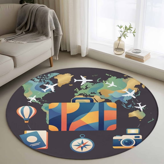 Travel Adventure Round Area Rug 4ft, Abstract Art Maps Suitcase Hot Balloons Washable Non-Slip Circle Rugs for Bedroom Living Room Kitchen, Soft Non Shedding Circle Carpet for Dining Room Dorm