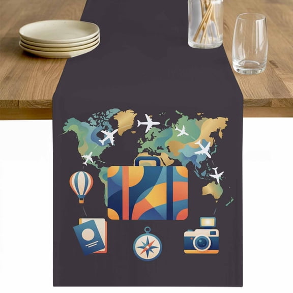 Travel Adventure Table Runner - 36 Inch Long Abstract Art Maps Suitcase Hot Balloons Cotton and Linen Blended Dress Scarves Farmhouse Table Runner for Kitchen Dining, Coffee Table, 13" x 36"