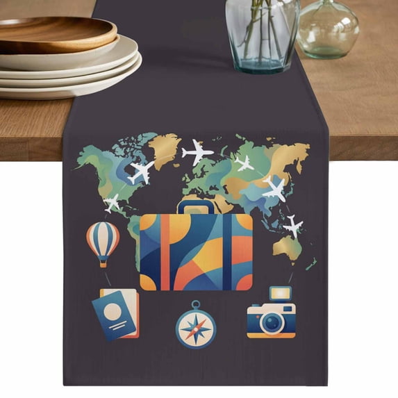 Travel Adventure Table Runner, Abstract Art Maps Suitcase Hot Balloons Washable Cotton Linen Table Runners 90 Inches Long, Dresser Scarf Runner for Dining/Coffee/Kitchen/Hallway Tables 13''x90''