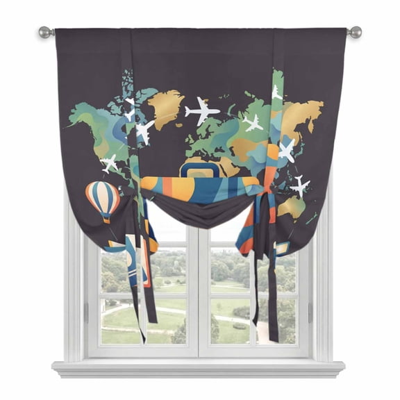 Travel Adventure Tie Up Curtains for Windows, Balloon Window Shades, Abstract Art Maps Suitcase Hot Balloons Kitchen Window Treatments Roll Up Curtain for Basement/Nursery 52"x45"