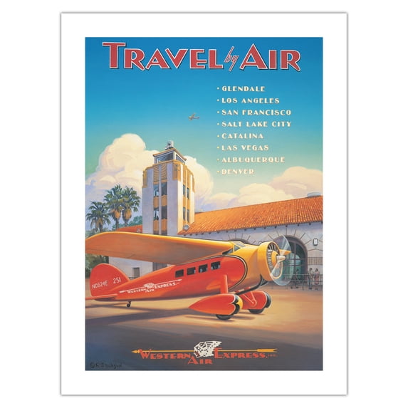 Travel by Air - Western Air Express - Glendale California - Grand Central Air Terminal - Vintage Airline Travel Poster by Kerne Erickson - Bamboo Fine Art 290gsm Paper (Unframed) 12x16in