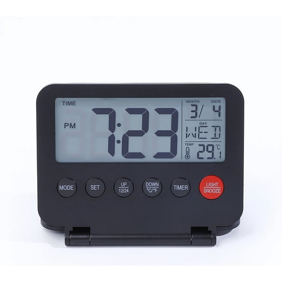 Travel Alarm Clock, Portable Digital Alarm Clock, Compact Calendar Timer with 12/24H Display, Battery-Powered Clock for Travel, Home, and Office Useblack