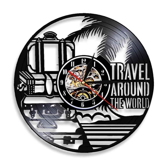 Travel Around The World Vacation Tourism Wall Clock Travel Doodles Vinyl Record Wall Clock Travel Planner Decorative Wall Watch Without LED
