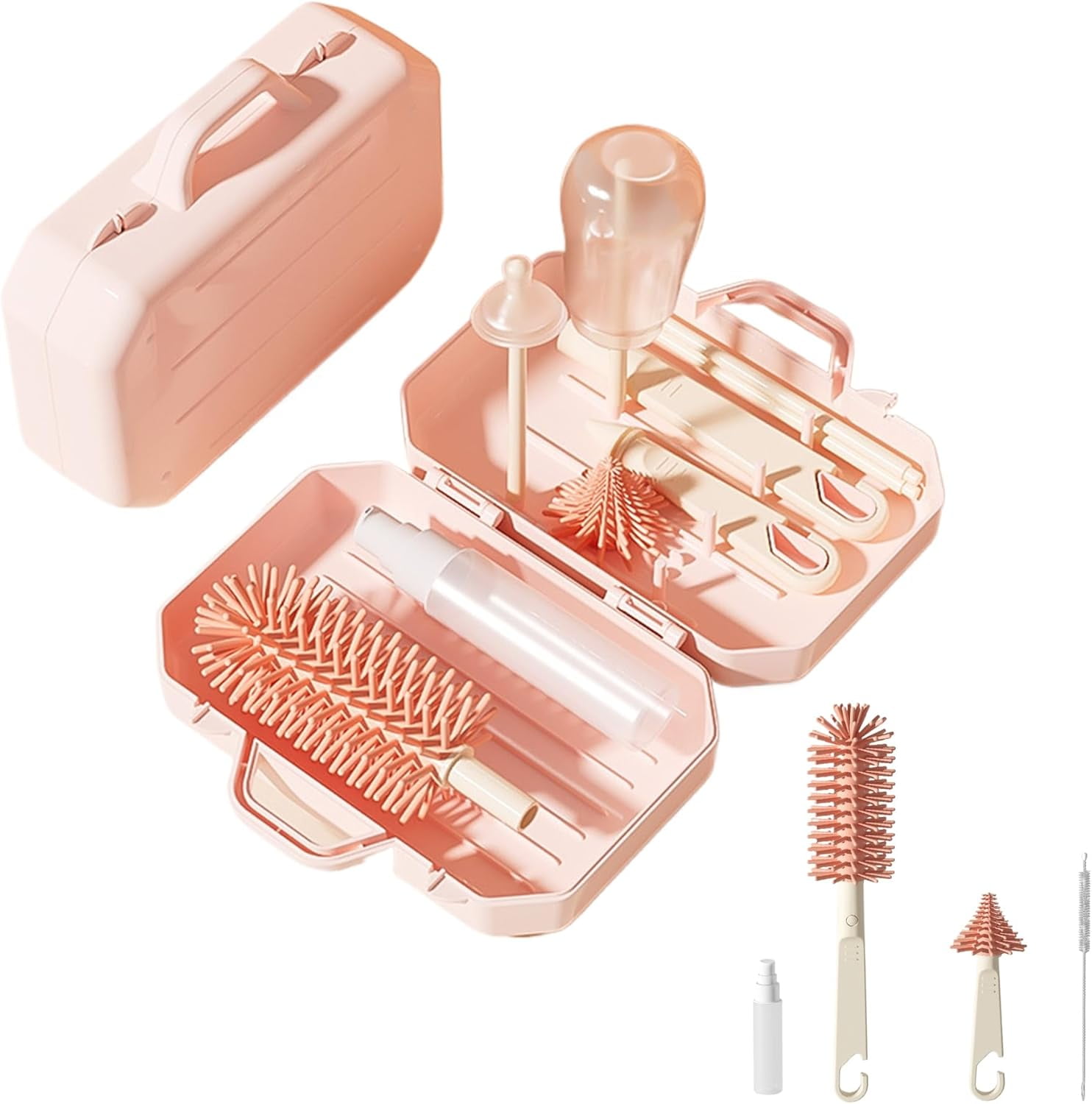 Travel Baby Bottle Cleaner Kit: 6 in 1 Extendable Silicone Baby Bottle Cleaner Brush Set with Drying Rack, Nipple Brush,Straw Brush,Soap Dispenser, Organizer Case, Baby Travel Essential (Pink)