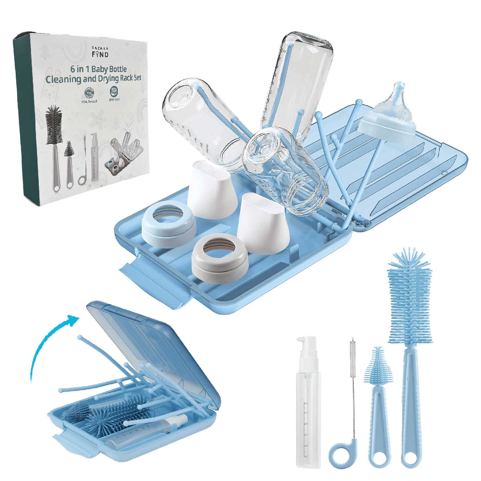 Travel Baby Bottle Cleaning Kit - Portable Silicone Baby Bottle Brush Set -  Travel Bottle Drying Rack - Travel Bottle Cleaner Kit - Bottle Washing Kit  - Nipple Brush Baby Essential Blue Bazaar Find 