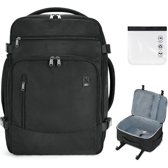 Travel Backpack for Men, 18x14x8 Spirit Airlines Personal Item Bag with Clear Toiletry Bag, Laptop Carry Backpack with USB Port, Airline Approved Under Seat 14 Pockets 30L, Black