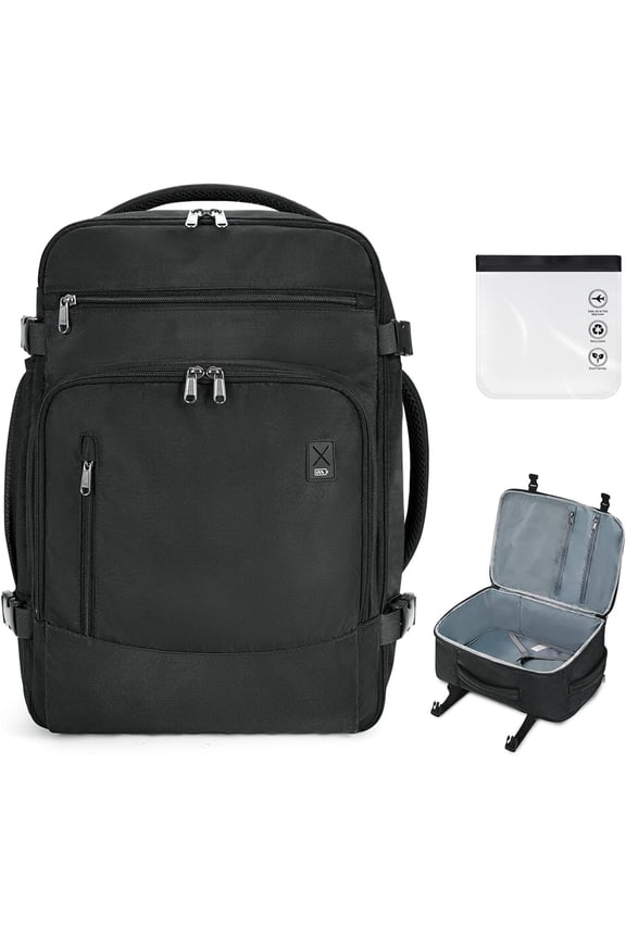 Travel Backpack for Men, 18x14x8 Spirit Airlines Personal Item Bag with Clear Toiletry Bag, Laptop Carry Backpack with USB Port, Airline Approved Under Seat 14 Pockets 30L, Black