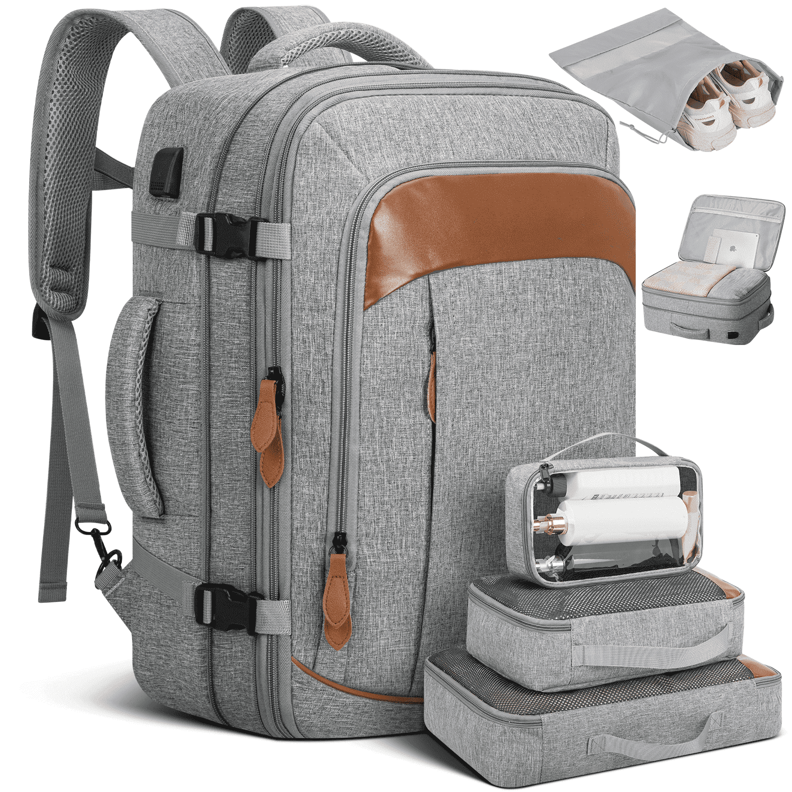 CshidWorld Travel Backpack for Men Women, Airplane Approved Expandable Carry on Backpack with 3 Packing Cubes and 1 Shoes Bag, 45L Large Travel Essentials Backpack for Weekender Business Hiking, Gray