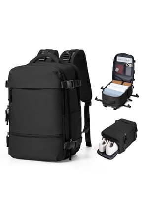 Travel Backpack Simple Durable Carry On Backpack with Shoe Compartment, Personal Item Travel Bag Flight Approved, Water Resistant Laptop Backpack for Women Men Weekender Business, Black