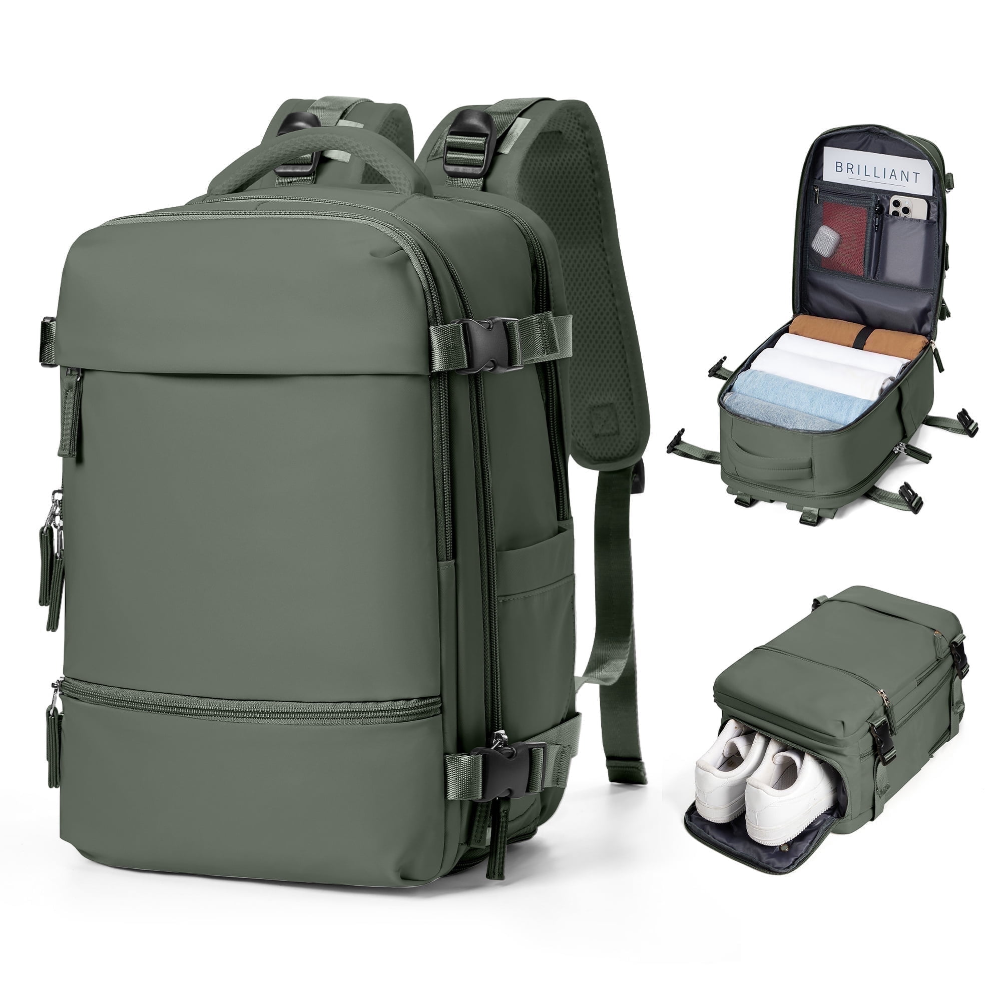 Lightweight Travel Backpack Simple Carry On Backpack with Shoe Compartment, Personal Item Travel Bag Flight Approved, Water Resistant Laptop Backpack for Women Men Weekender Business, Olive Green