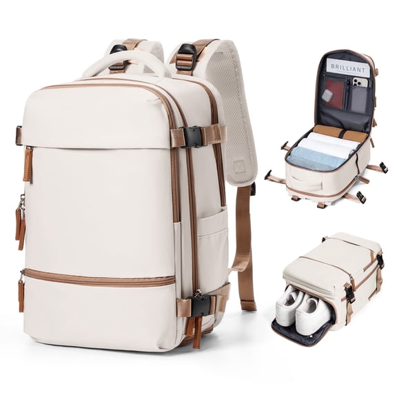 Travel Backpack Simple Durable Carry On Backpack with Shoe Compartment, Personal Item Travel Bag Flight Approved, Water Resistant Laptop Backpack for Women Men Weekender Business, Beige Brown