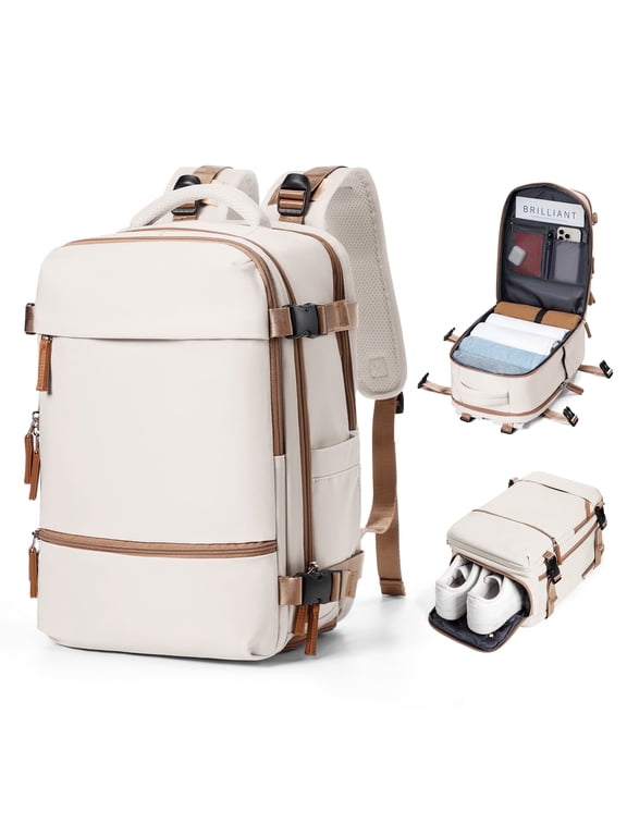 Travel Backpack Simple Durable Carry On Backpack with Shoe Compartment, Personal Item Travel Bag Flight Approved, Water Resistant Laptop Backpack for Women Men Weekender Business, Beige Brown