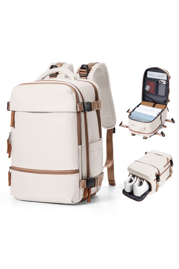 Travel Backpack Simple Durable Carry On Backpack with Shoe Compartment, Personal Item Travel Bag Flight Approved, Water Resistant Laptop Backpack for Women Men Weekender Business, Beige Brown