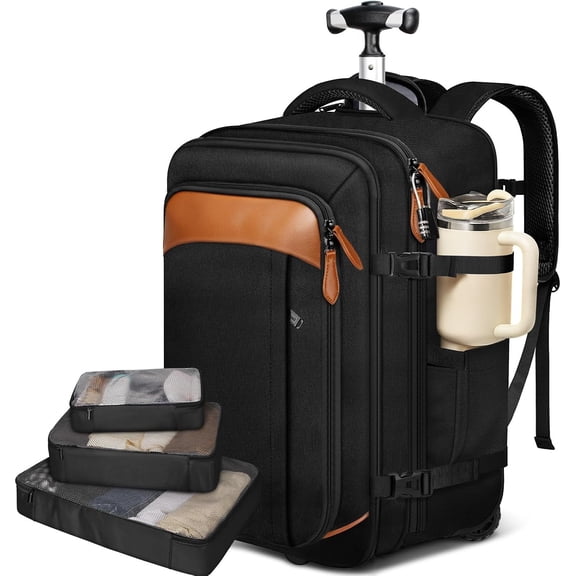 Travel Backpack with Wheels, 17 inch Carry Flight Approved Wheeled Laptop Backpack with 3 Packing Cubes, Expandable Water Resistant Lightweight Roller Backpack for Business, Black Brown