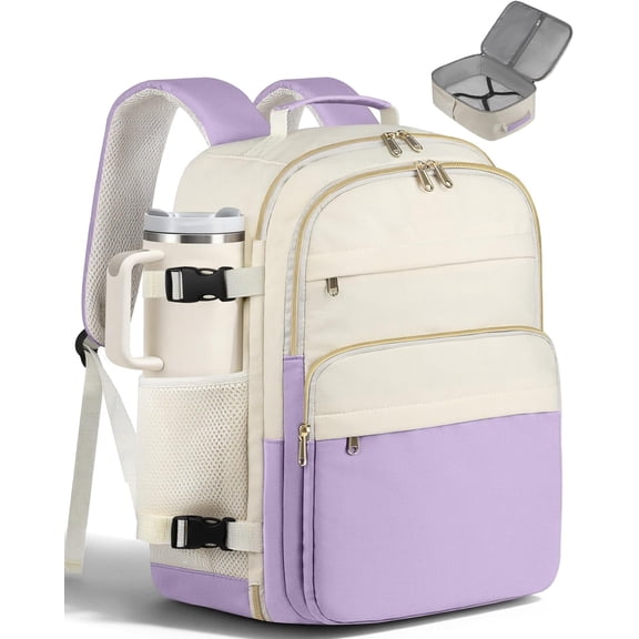 Travel Backpack for Women - Large 15.6inch Laptop Computer Bag Water-Resistant Carry  Backpack Flight Approved Personal Item Travel Bag for Work, Business, Purple & Beige, 13.0" x 7.9" x 17.3"