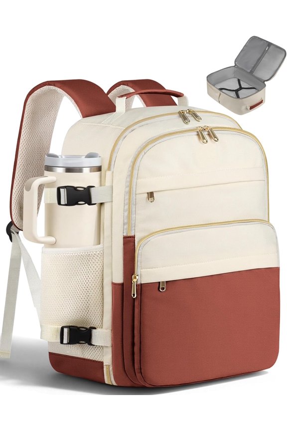 Travel Backpack for Women - Large 15.6inch Laptop Computer Bag Water-Resistant Carry  Backpack Flight Approved Personal Item Travel Bag for Work, Business, Red & Beige, 13.0" x 7.9" x 17.3"