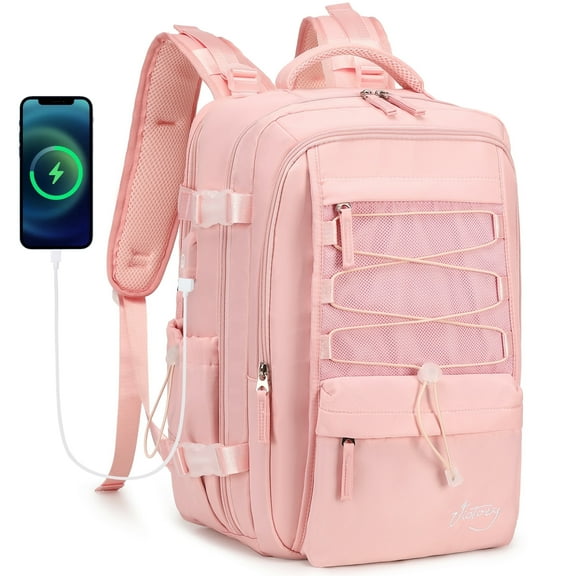 Travel Backpack for Women Men 15.6 Inch Laptop Backpacks with USB Port Carry on Bag Airline Approved Large College School Bookbags Waterproof Work Business Sport Rucksack Casual Daypack (Pink)