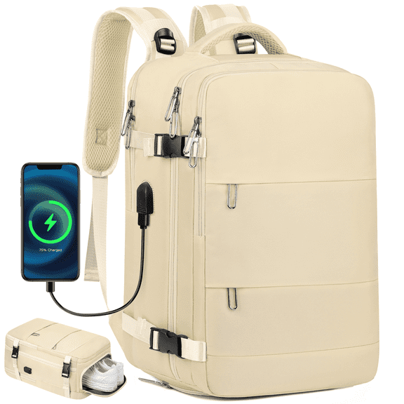 DAKOMM Travel Backpack for Women Men, Carry On Backpack with USB Charging Port & Shoe Pouch, TSA 17.7 inch Laptop Backpack Flight Approved, Nurse Bag Daypack for Weekender Business Hiking, Beige