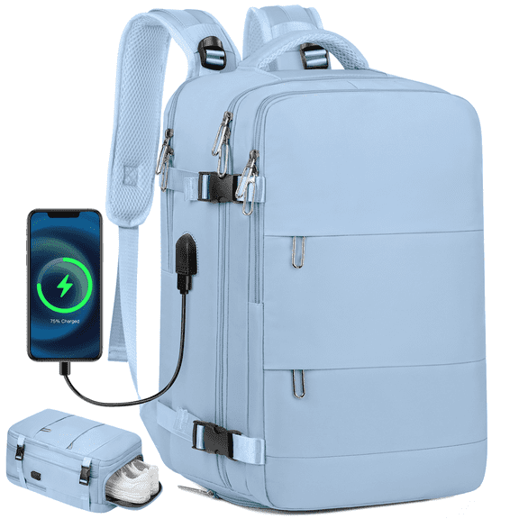 DAKOMM Travel Backpack for Women Men, Carry On Backpack with USB Charging Port & Shoe Pouch, TSA 17.7 inch Laptop Backpack Flight Approved, Nurse Bag Daypack for Weekender Business Hiking, Blue