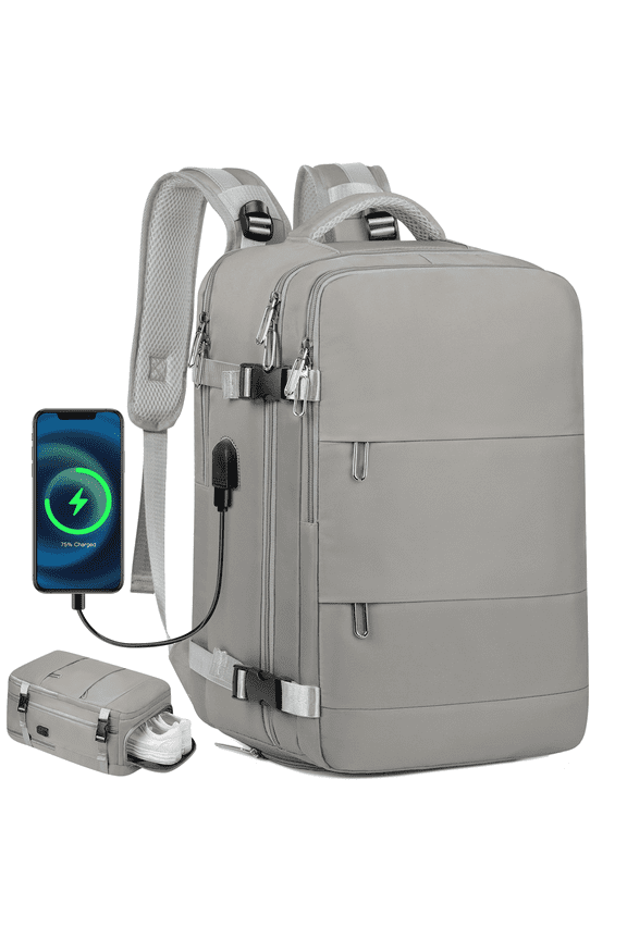 Travel Backpack for Women Men, Carry On Backpack with USB Charging Port & Shoe Pouch, TSA 17.7 inch Laptop Backpack Flight Approved, Nurse Bag Daypack for Weekender Business Hiking, Gray