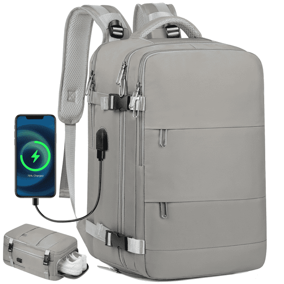 DAKOMM Travel Backpack for Women Men, Carry On Backpack with USB Charging Port & Shoe Pouch, TSA 17.7 inch Laptop Backpack Flight Approved, Nurse Bag Daypack for Weekender Business Hiking, Gray