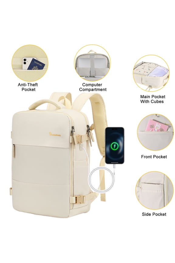 Travel Backpack for Men & Women, College Bookbag with Packing Cube Shoe Pocket, Flight Approved Carry on Backpack Fits 16" Laptop, Beige