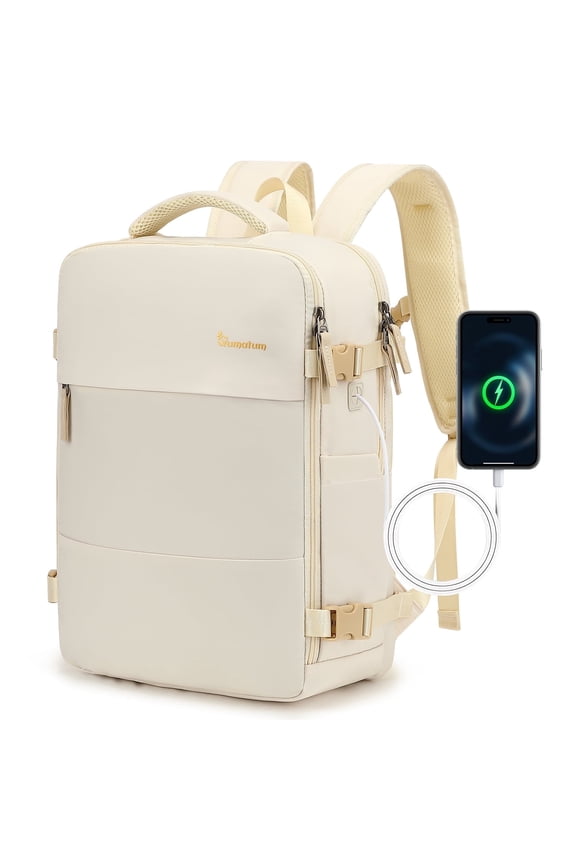 Travel Backpack for Men & Women, College Bookbag with Packing Cube Shoe Pocket, Flight Approved Carry on Backpack Fits 16" Laptop, Beige