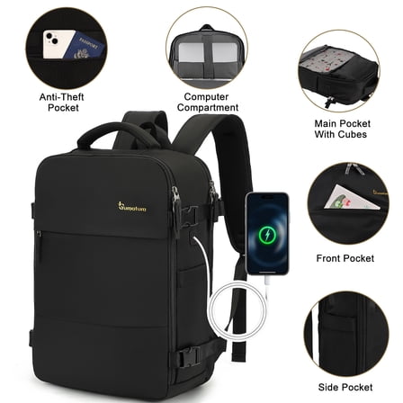 Travel Backpack for Men & Women, College Bookbag with Packing Cube Shoe Pocket, Flight Approved Carry on Backpack Fits 16" Laptop, Black